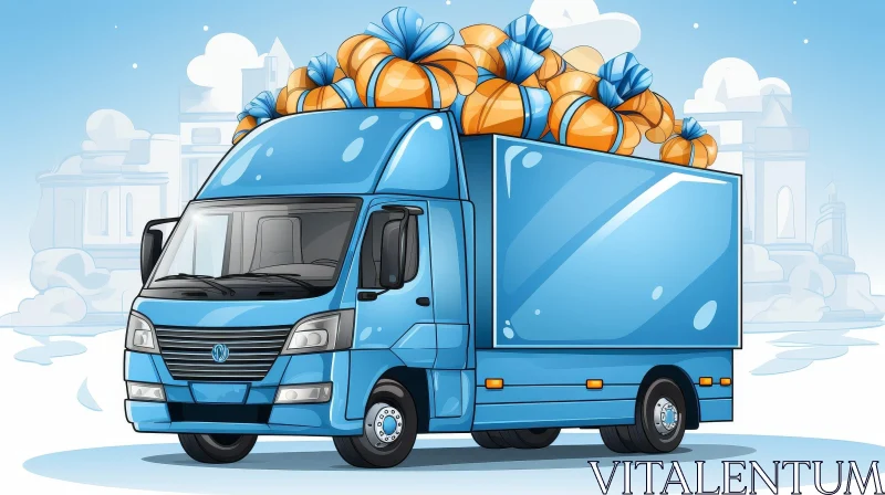 AI ART Blue Truck with Presents in Winter City