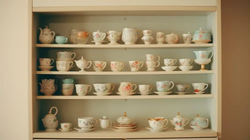 Elegant Porcelain Tea Sets Display in White Cupboard