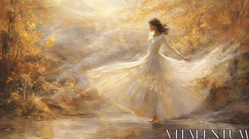 Enchanting Forest Scene with Woman in White Dress AI Image