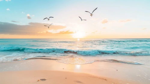 Golden Sunset Beach Scene with Seagulls and Waves