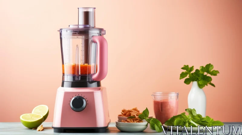 Pink Blender with Smoothie and Basil on Table AI Image