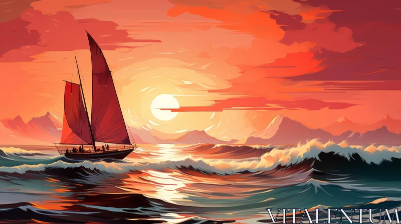 AI ART Sailboat with Red Sails on Rough Sea at Sunset