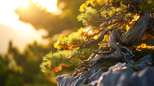 Serene Bonsai Tree in Rocky Landscape at Sunrise