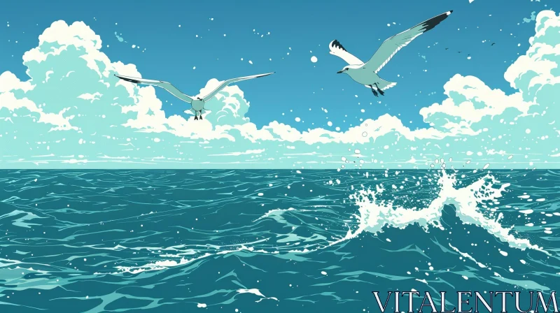 AI ART Serene Seascape Illustration with Seagulls and Clouds