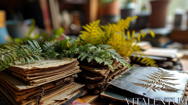 AI ART Vintage Books on Wooden Table with Green Plant