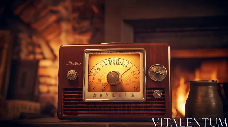 Vintage Radio Receiver on Wooden Table by Fireplace AI Image