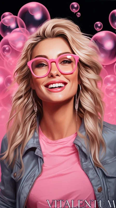 Young Blonde Woman in Pink Glasses - Joyful Studio Portrait AI Image