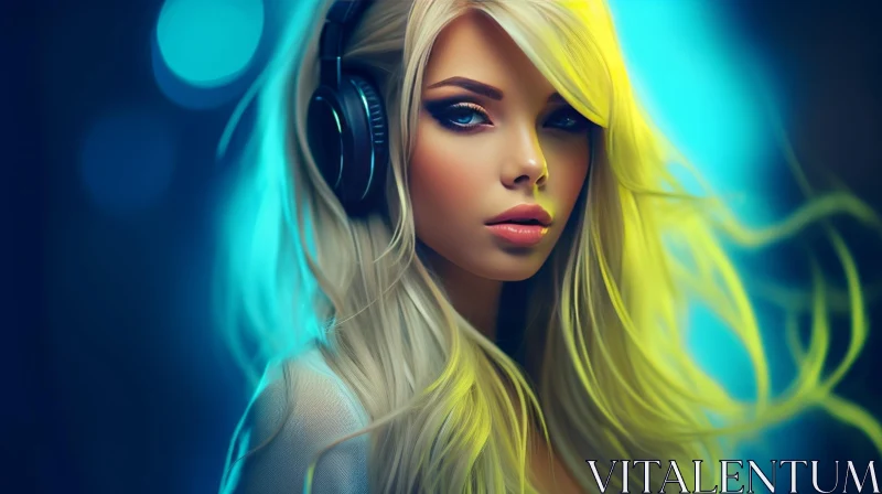 AI ART Young Woman with Headphones - Blue and Yellow Lights