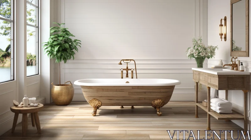 Bright Bathroom with Freestanding Bathtub and Wooden Vanity AI Image