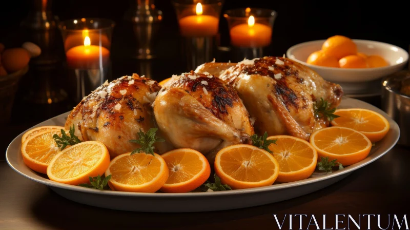 AI ART Exquisite Roasted Chicken Platter with Orange Slices and Candles