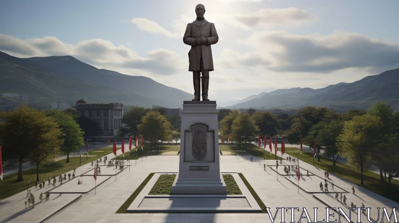 Military Statue on Pedestal in Square with Snow-capped Mountains AI Image