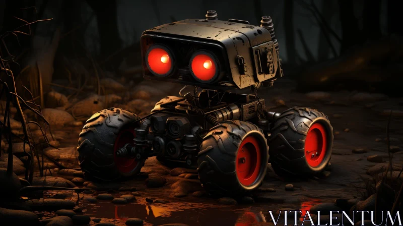 Mysterious Robot in Dark Forest - 3D Rendering AI Image