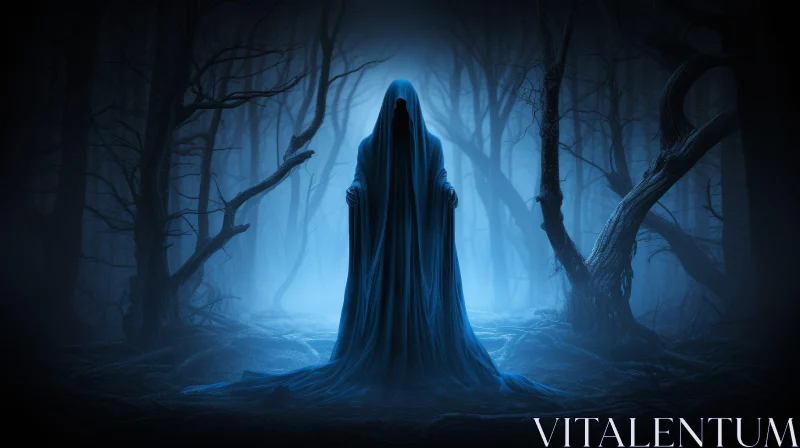 Spooky Blue Ghost in Dark Forest AI Image