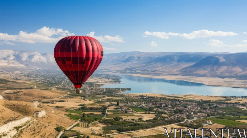 Tranquil Hot Air Balloon Ride Over Lake and Mountains AI Image