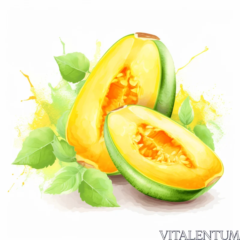 Vibrant Illustration of a Green Melon with Leaves - Realistic Scenery AI Image