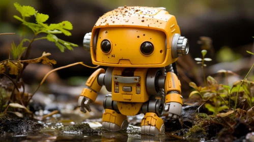 Yellow Robot in Water - Metal Robot in Nature Scene