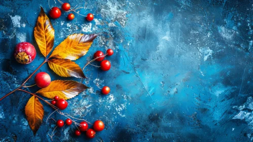 Autumn Leaves and Berries on Blue Stone Background