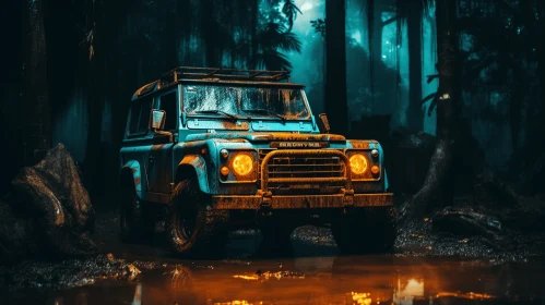 Blue Land Rover Driving Through a Swamp at Night | Vintage Vibe | Industrial Design