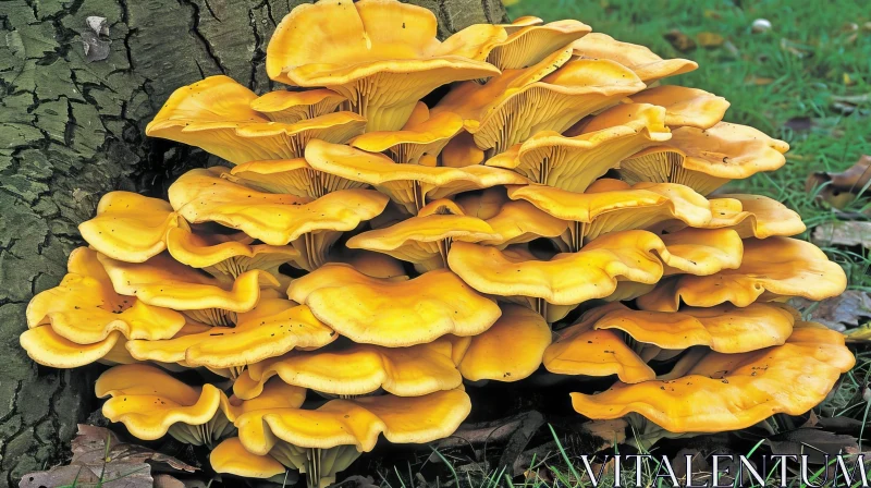 Bright Yellow Oyster Mushrooms Cluster on Tree Trunk AI Image
