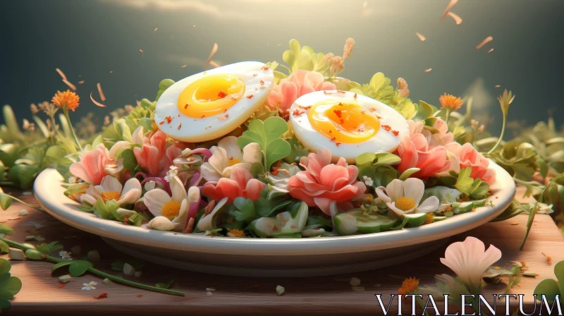 AI ART Delicious Salad with Boiled Eggs on Wooden Table