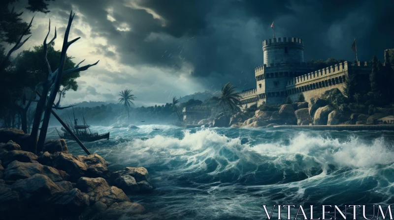 Enigmatic Night: Stormy Sea, Castle, and Lone Tree AI Image
