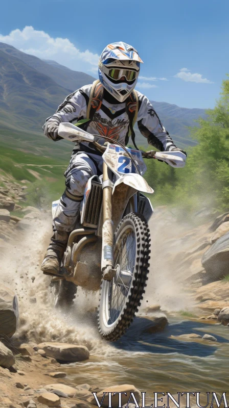 AI ART Extreme Dirt Bike Rider in White Jersey Conquers Rocky Riverbed