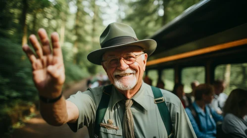 Friendly Senior Park Ranger in Green Hat in Forest Setting