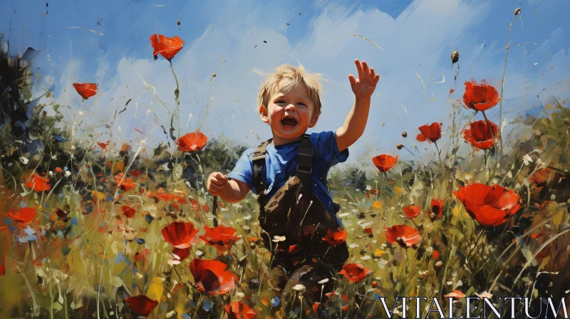 Joyful Boy in Red Poppies Field AI Image