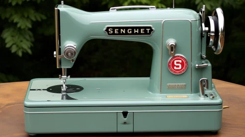 Vintage Green Sewing Machine on Wooden Table