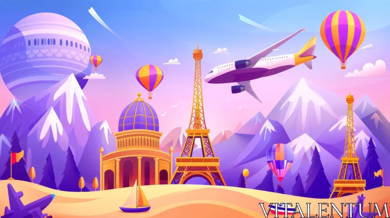 AI ART Colorful Travel Illustration with Hot Air Balloon and Mountain Background