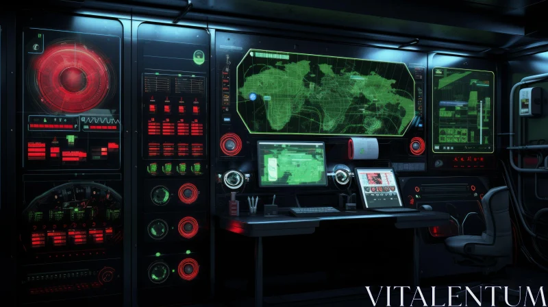 Dark Futuristic Control Room with Computer Screens AI Image