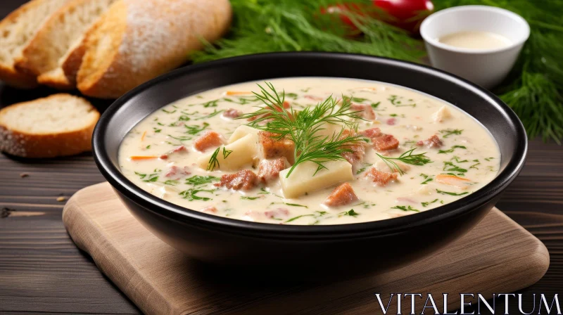 Delicious Clam Chowder with Fresh Dill and Bread AI Image