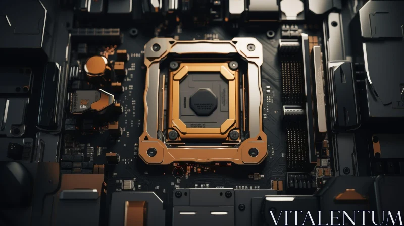 Detailed Close-Up of Black and Gold Computer Motherboard AI Image