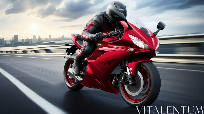 Man Riding Red Sport Motorcycle on Asphalt Road AI Image