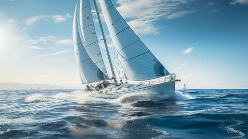Sailboat in Ocean: Majestic White Sails and Blue Sky