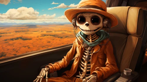 Skeleton in Airplane with Desert Landscape View