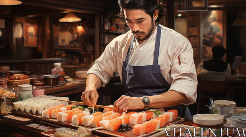 Sushi Chef Crafting Rolls in Japanese Restaurant AI Image
