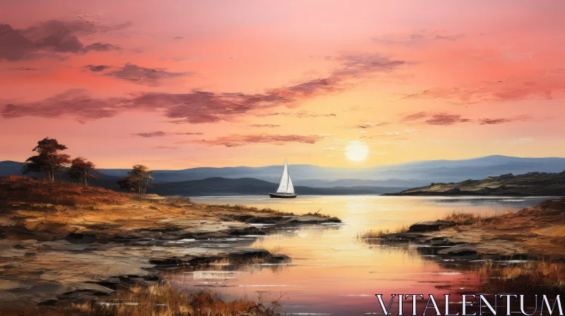 Tranquil Sunset Painting Over Lake AI Image