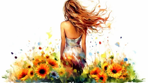 Woman in Sunflower Field Painting