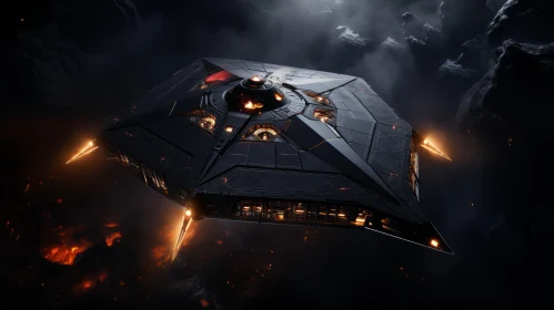 Dark Sci-Fi Spaceship Flying Through Asteroid Field