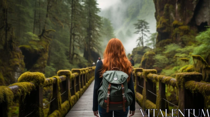 Enchanting Forest Scene with Young Woman Walking on Bridge AI Image
