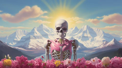 Ethereal Skeleton in Pink Bodysuit Among Flowers and Mountains