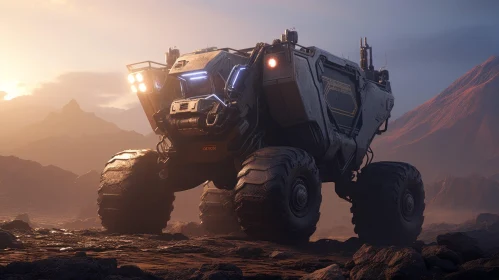 Exploration Rover on Rocky Celestial Landscape