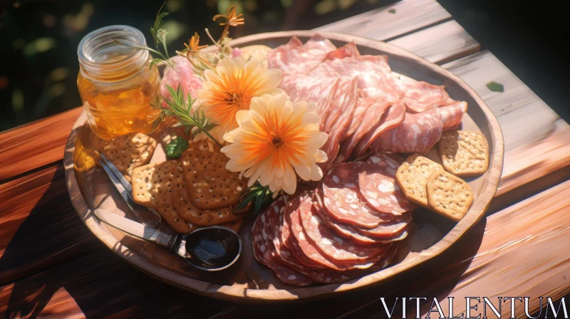 Exquisite Charcuterie Board with Cured Meats and Flowers AI Image