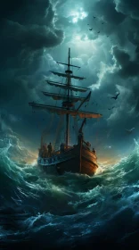 Moonlit Wooden Ship Battling Stormy Waves