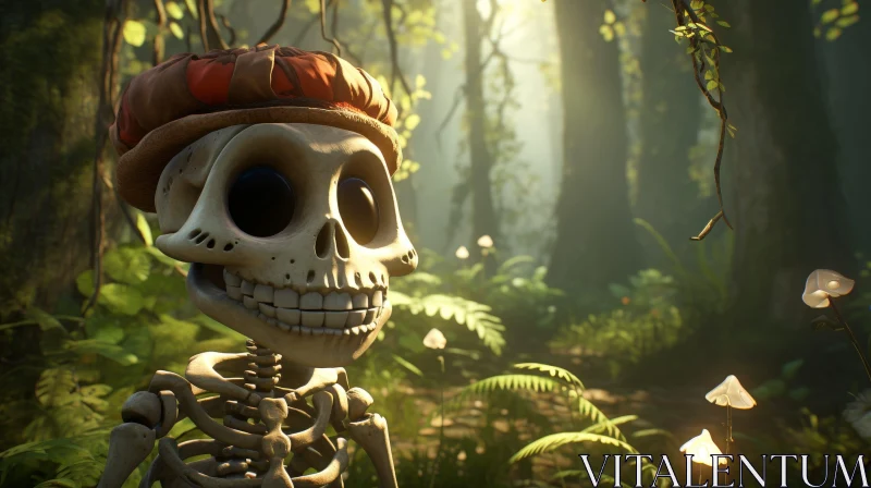 Smiling Skeleton in Forest - 3D Rendering AI Image