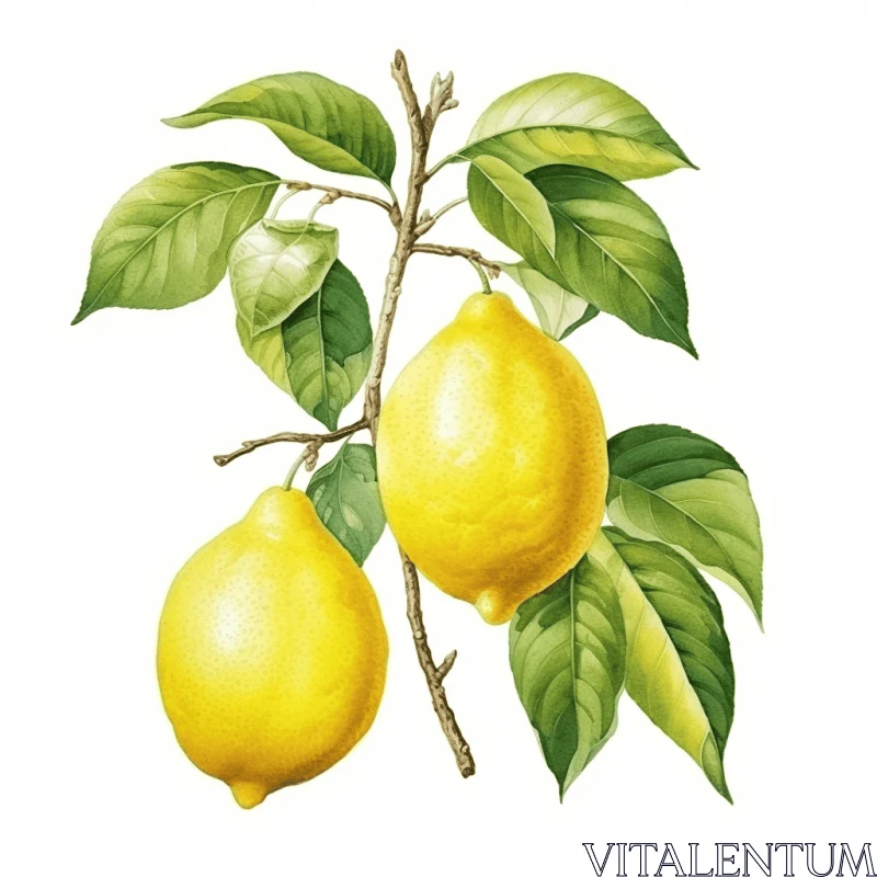 Vibrant Illustration of Lemons on Branch with Green Leaves AI Image