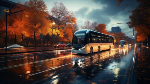 Autumn City Street Scene with Bus Stop and Cars