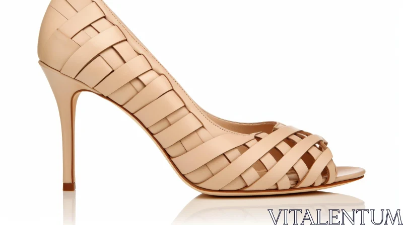 Beige Woven Leather High-Heeled Shoes on Reflective Surface AI Image