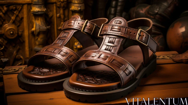 AI ART Brown Leather Sandals on Wooden Table
